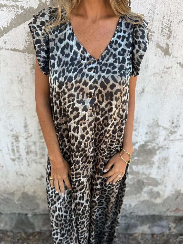 Women's Ruffled Short Sleeve Jumpsuit | Leopard Print