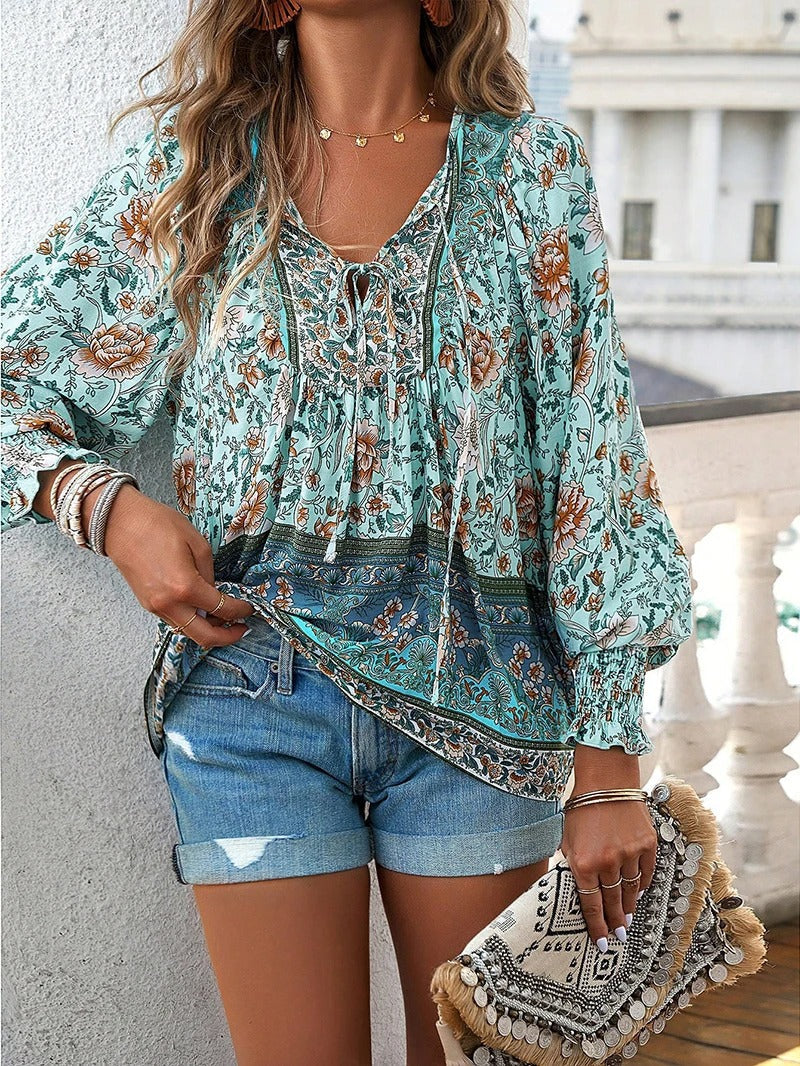 Women's Floral Print Long Sleeve Blouse | Tie-neck