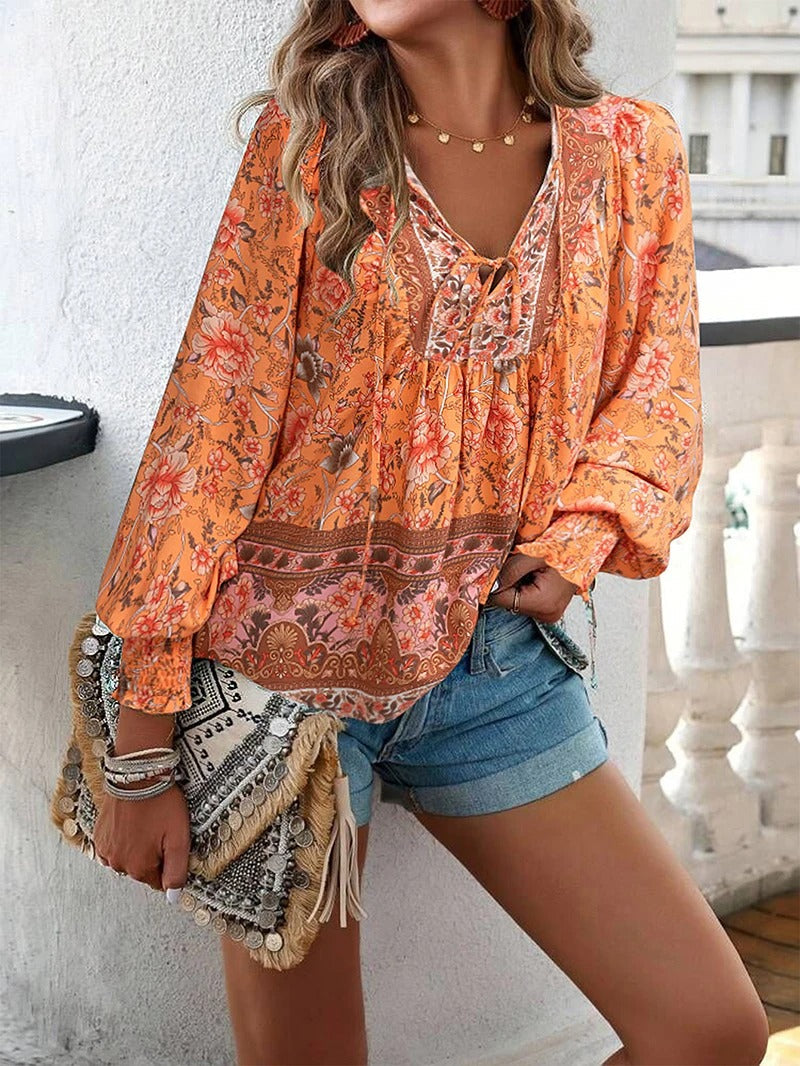 Women's Floral Print Long Sleeve Blouse | Tie-neck