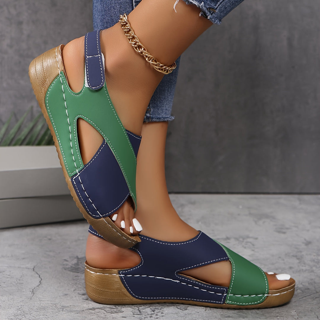 Women's Contrast Color Block Wedge Sandals | Cross Strap and Open Toe