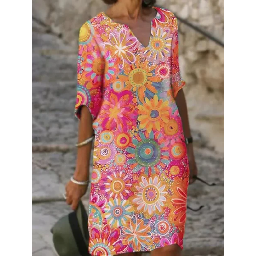Women's Summer V-Neck Half Sleeve Midi Dress | with Floral Print