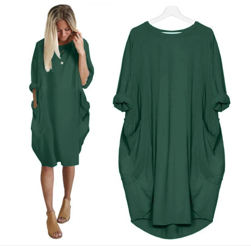 Women's Long Sleeve Loose Fit Round Neck Summer Dress | Midi