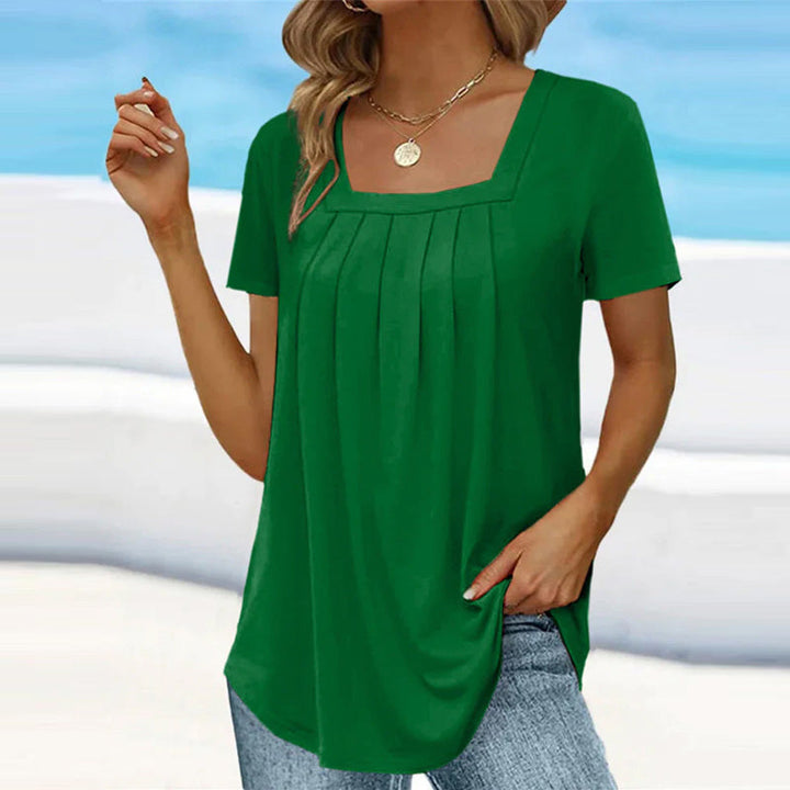 Women's Pleated Blouse with Square Neckline | Short Sleeve