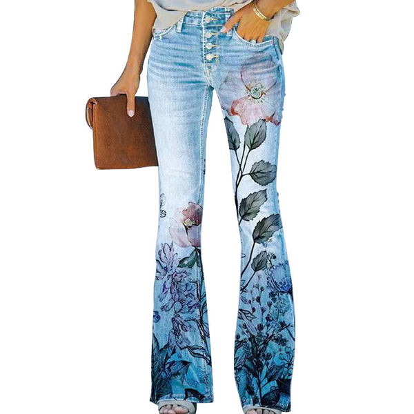 Women’s Floral Flared High Waist Pants | Button Fly
