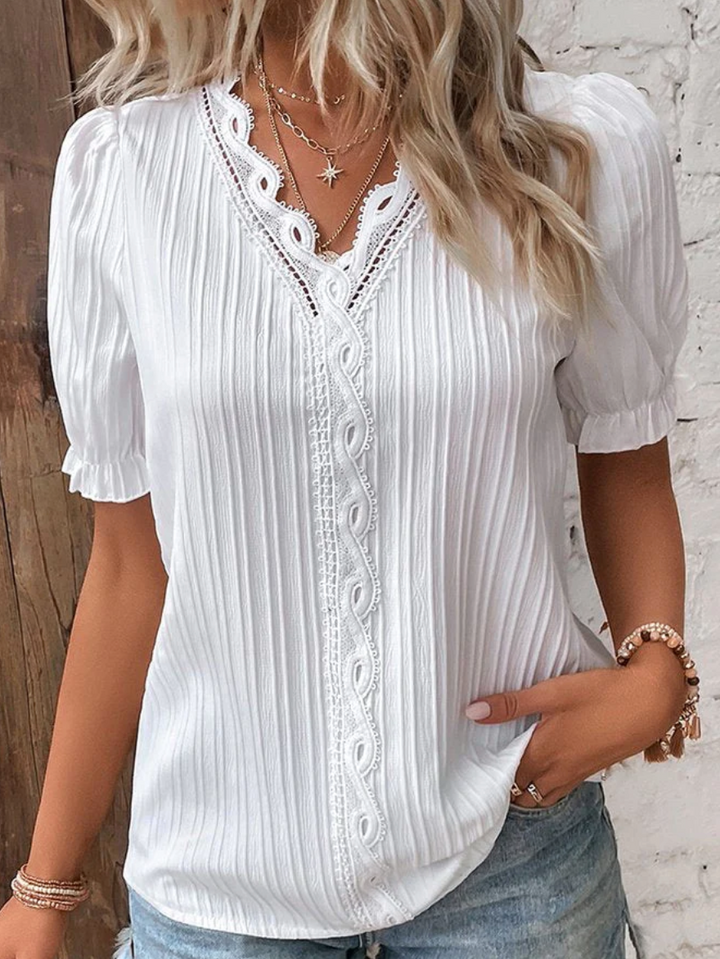Women's Stylish Loose Fit V-Neck Blouse | Short Puff Sleeve