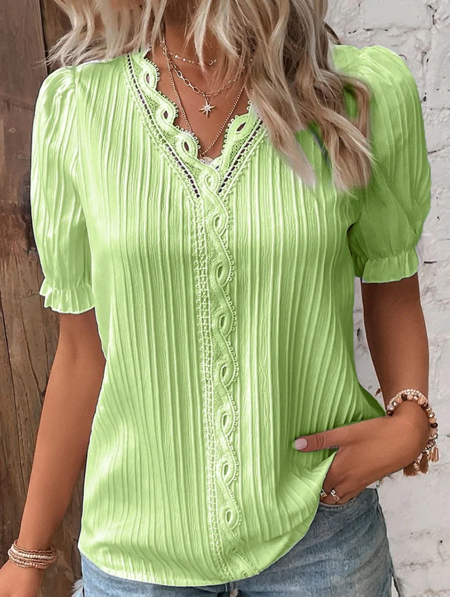 Women's Stylish Loose Fit V-Neck Blouse | Short Puff Sleeve