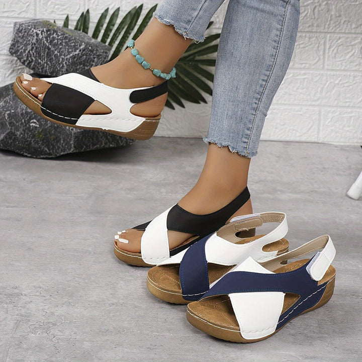 Women's Contrast Color Block Wedge Sandals | Cross Strap and Open Toe