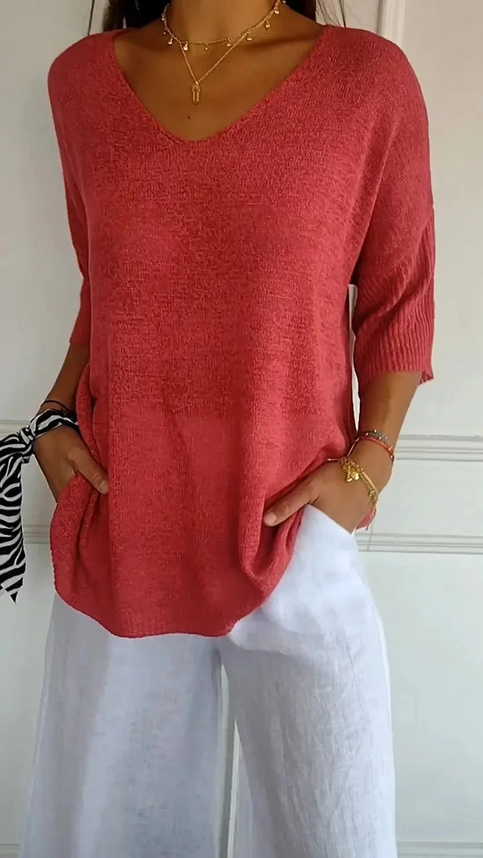 Women Solid Color Knitted 3/4 Sleeve V-Neck Tops | Casual