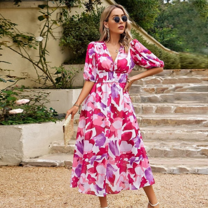 Women's V Neck 3/4 Sleeves Floral Summer Dress | Midi