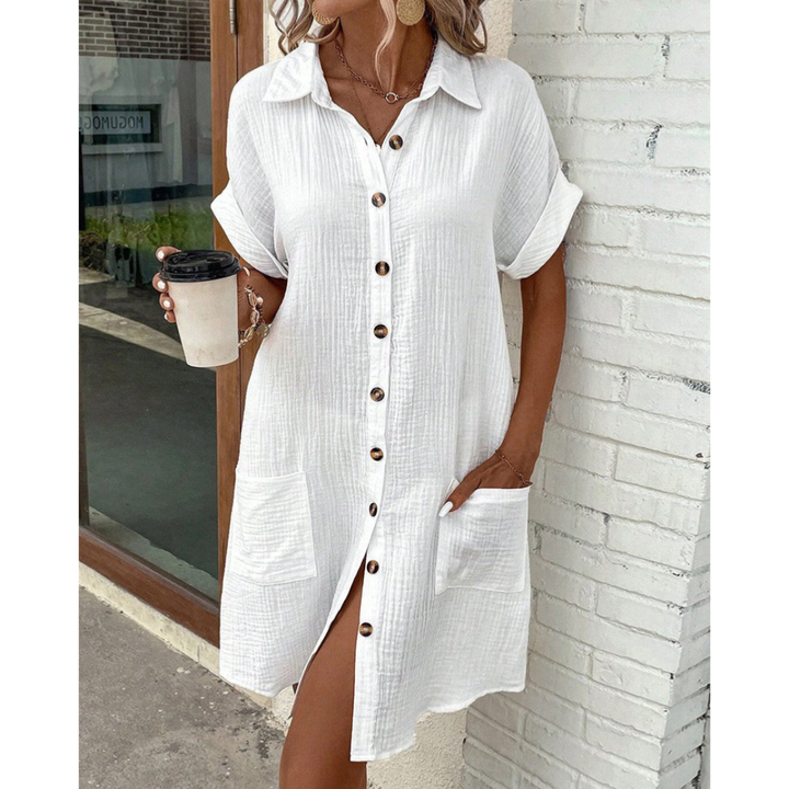 Women's V Neck Shirt Dress with Button Down & Short Sleeves | Mini