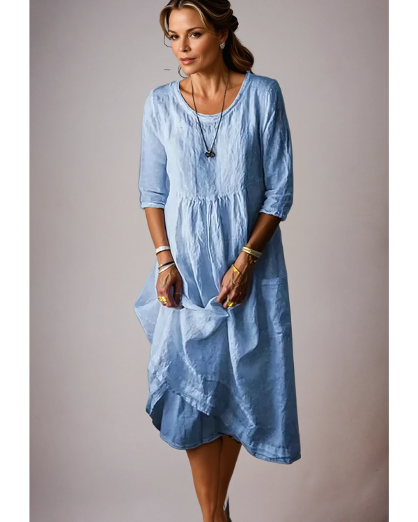 Women's Plain 3/4 Sleeve Round Neck Dress | Midi