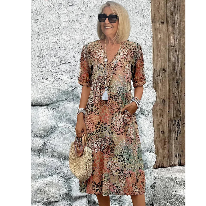 Women's Casual Loose Fit 3/4 Sleeve Midi Summer Dress | with Pockets