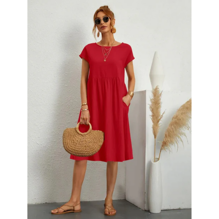Women's Round Neck Short Sleeve Summer Midi Dress | with Pockets