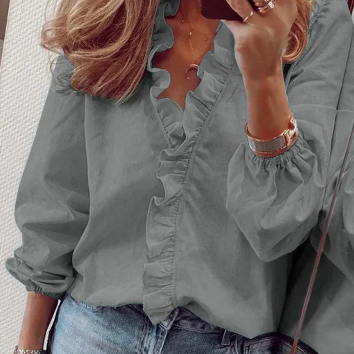 Women's Stylish Ruffle V-Neck Blouse | Long Sleeve