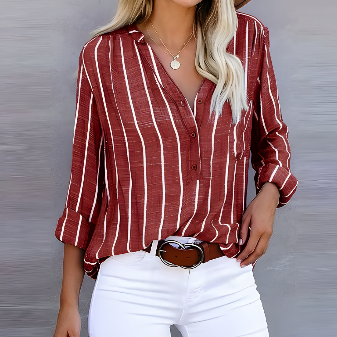 Women's Striped Long Sleeve V Neck Blouse | Button Down