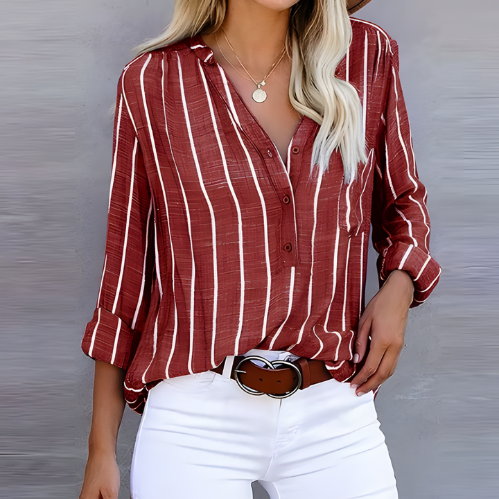 Women's Striped Long Sleeve V Neck Blouse | Button Down