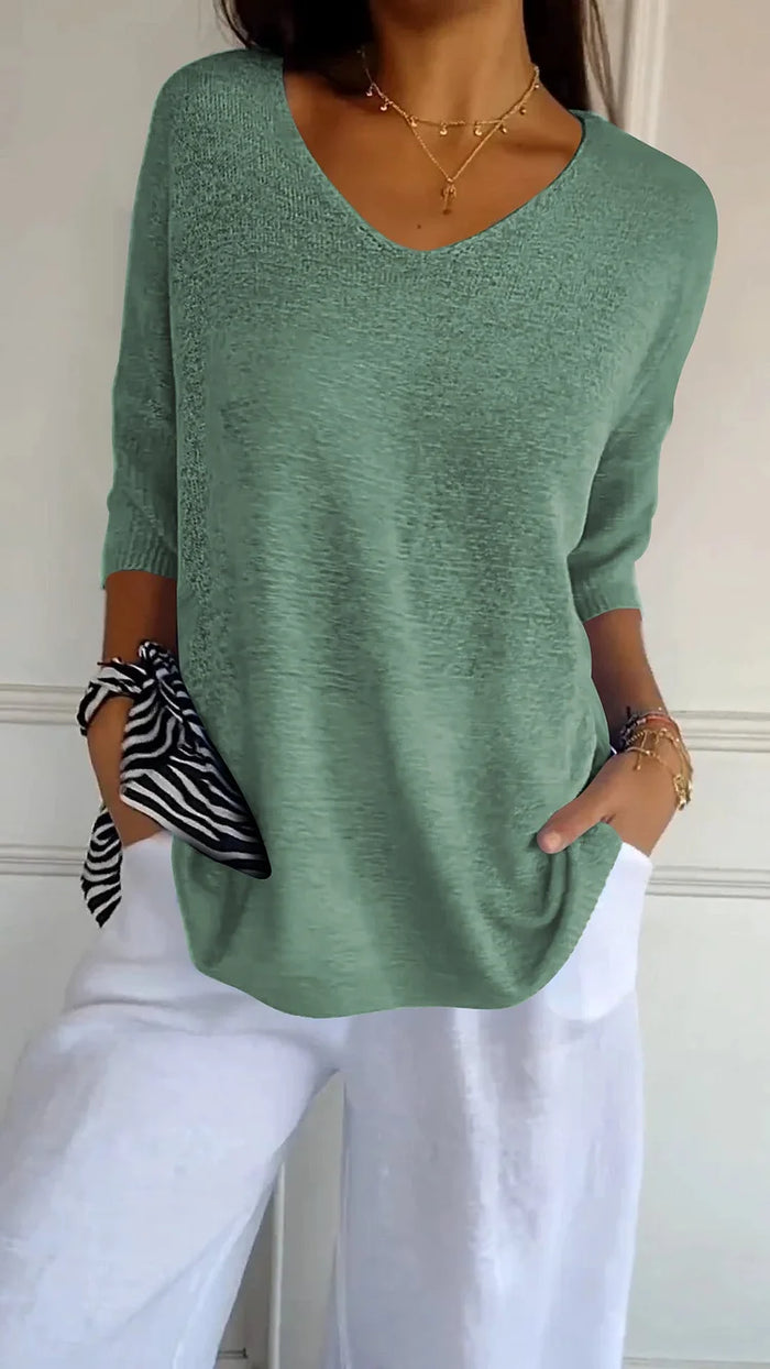 Women Solid Color Knitted 3/4 Sleeve V-Neck Tops | Casual
