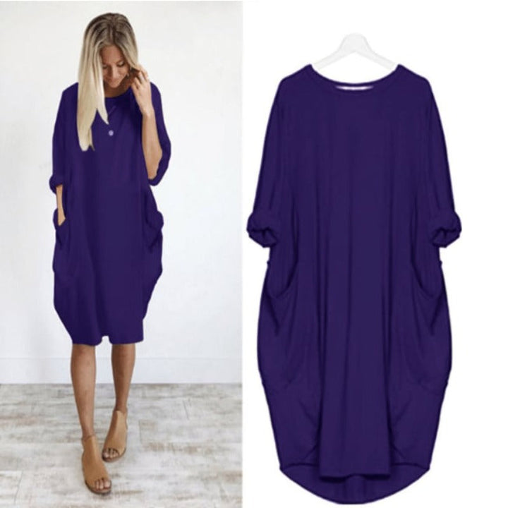 Women's Long Sleeve Loose Fit Round Neck Summer Dress | Midi