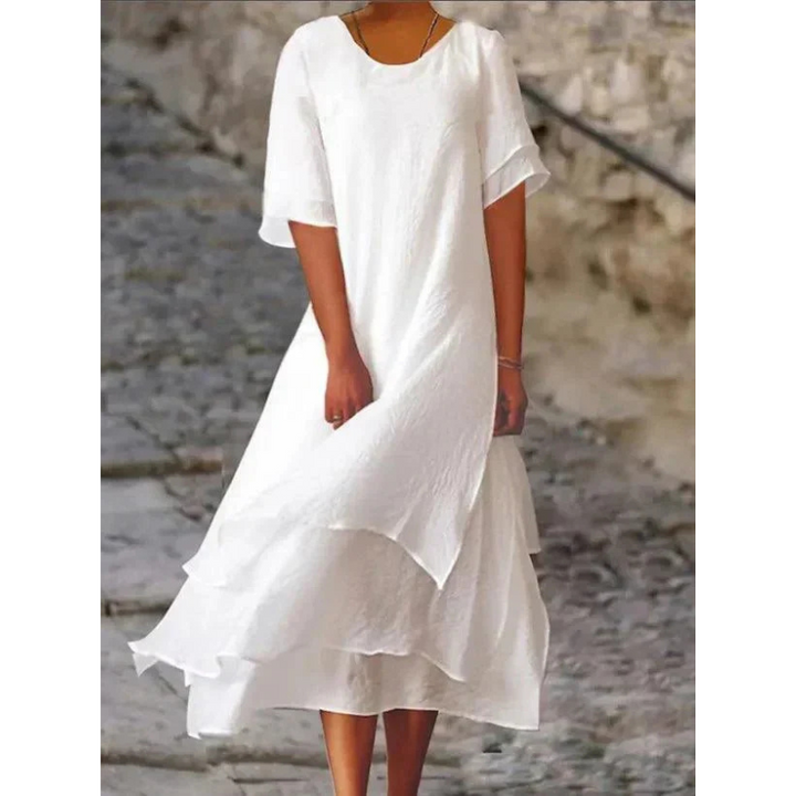 Women's Round Neck Layered Short Sleeves Summer Dress | Midi