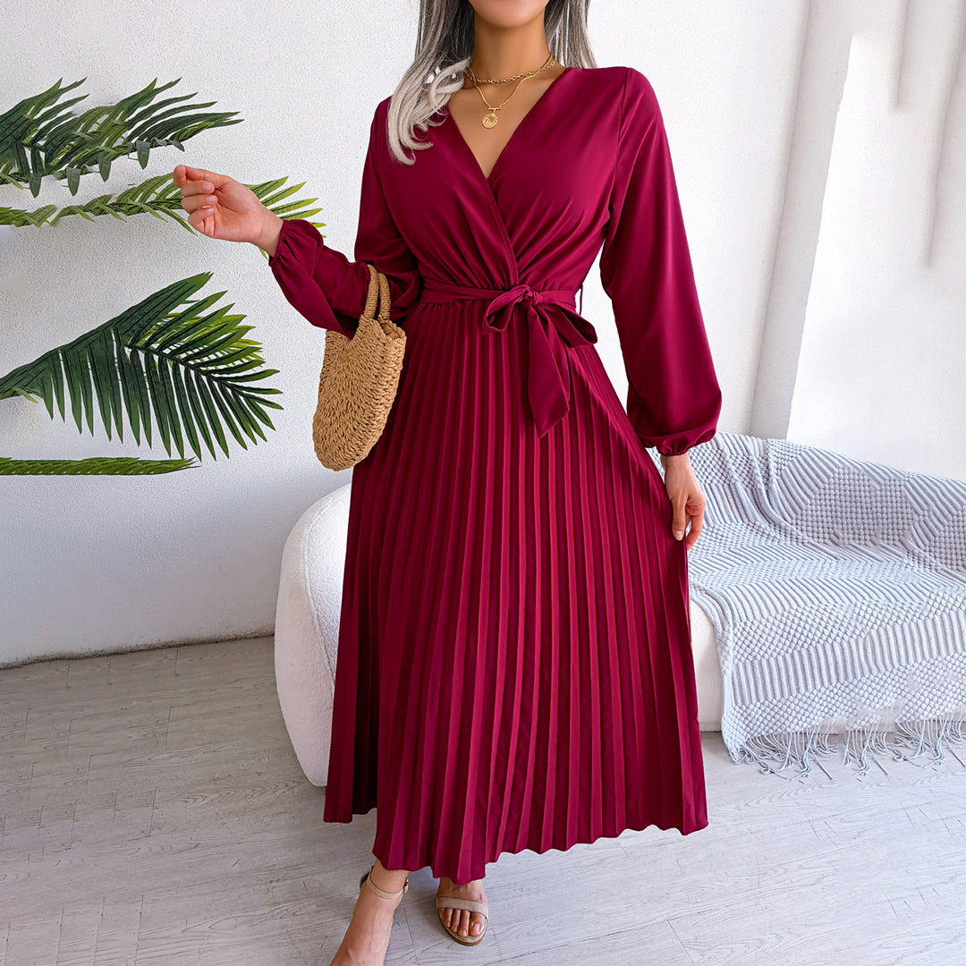 Women's Long Sleeve Pleated Wrap Maxi Dress | V-Neck