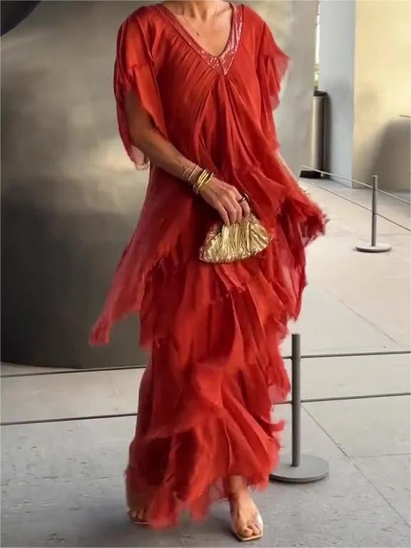 Women's Short Sleeves V-Neck Tiered Ruffle Dress | Maxi