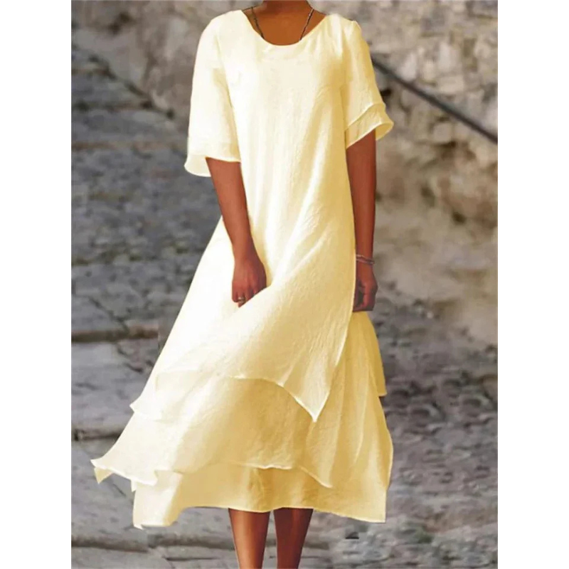 Women's Round Neck Layered Short Sleeves Summer Dress | Midi