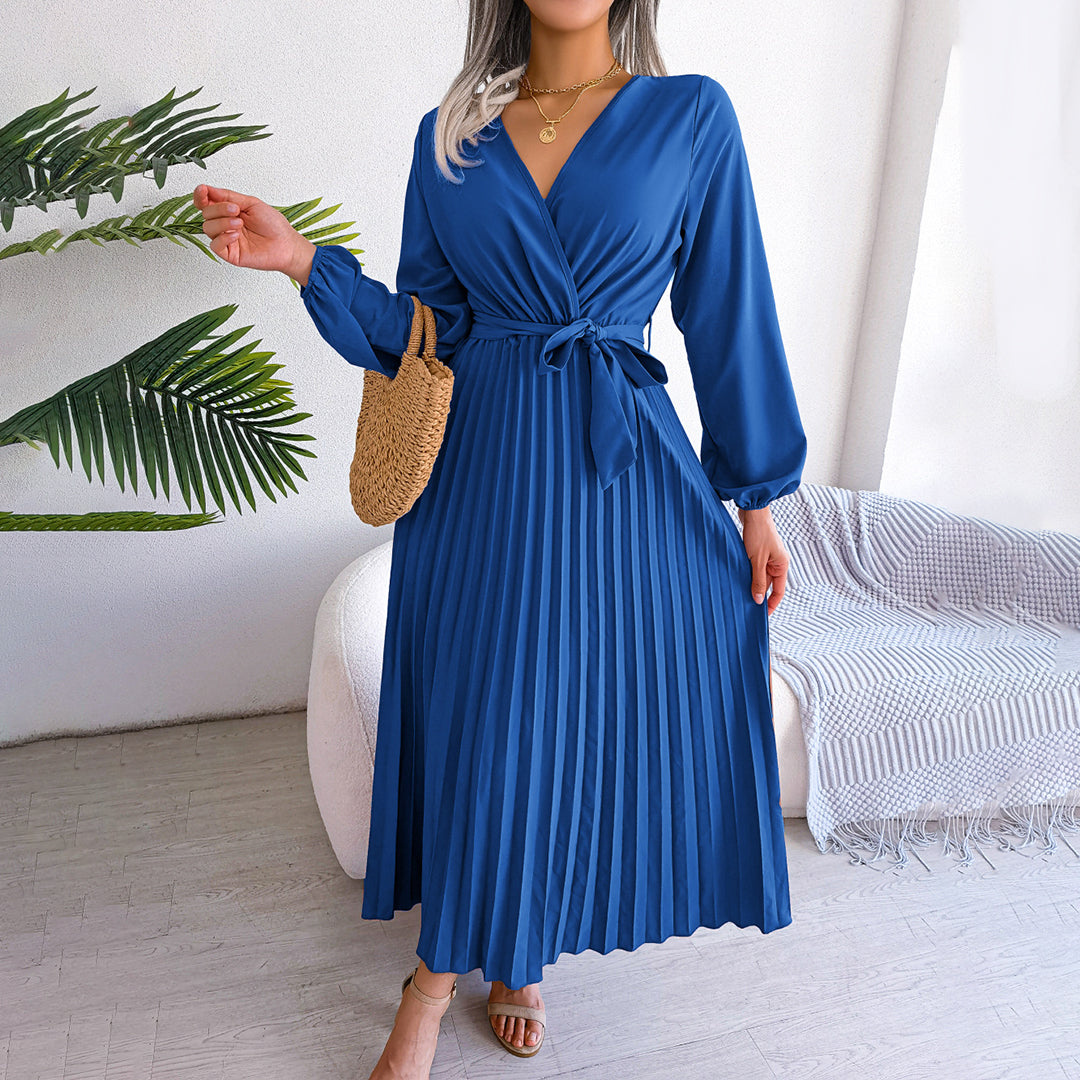 Women's Long Sleeve Pleated Wrap Maxi Dress | V-Neck
