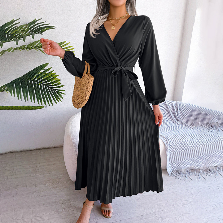 Women's Long Sleeve Pleated Wrap Maxi Dress | V-Neck