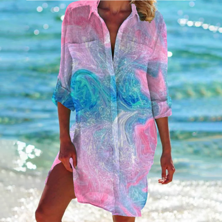 Women's Long Sleeve Collared Beach Shirt Dress | Mini