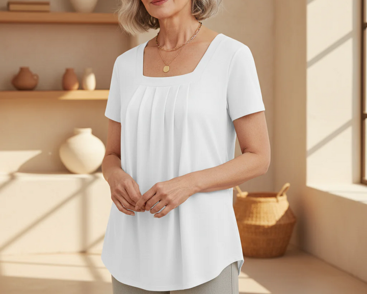 Women's Pleated Blouse with Square Neckline | Short Sleeve