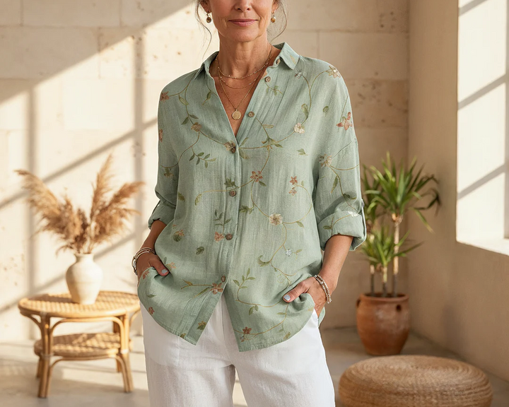 Women's V-neck Button-down Shirt  | Long Sleeved