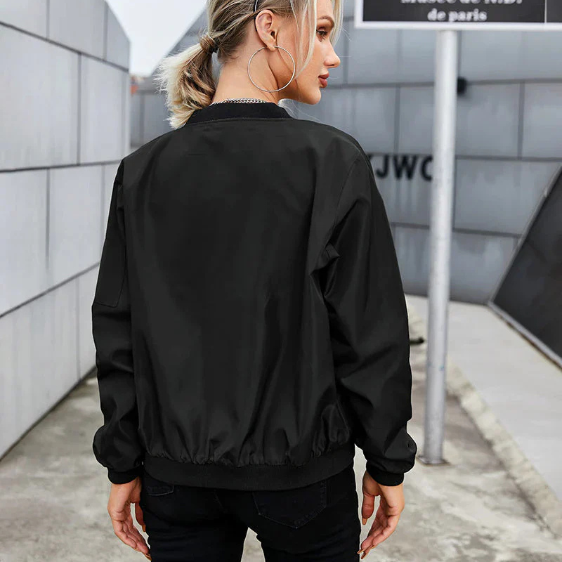 Women's Round Neck Zip Up Bomber Jacket | Classic