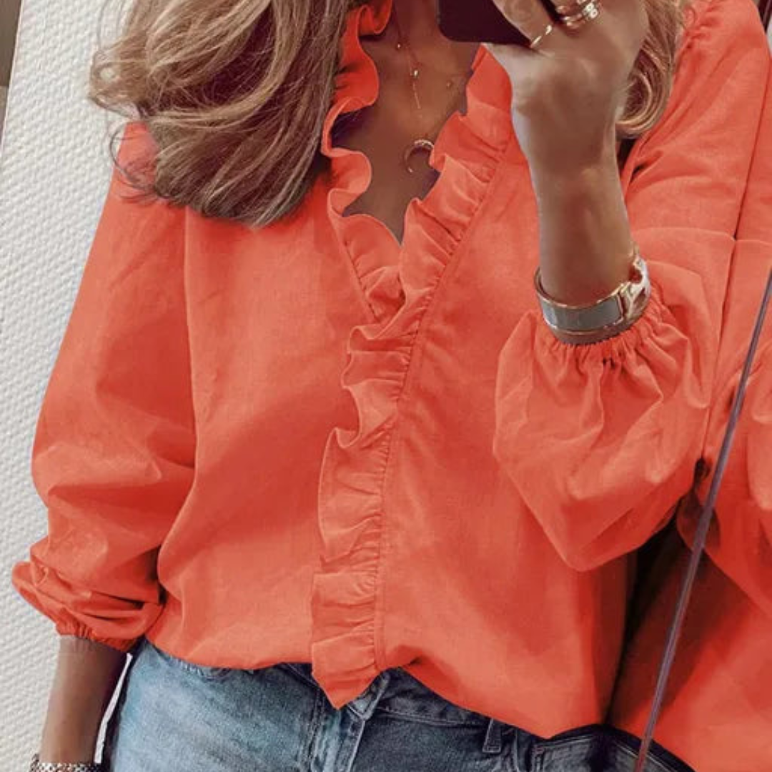 Women's Stylish Ruffle V-Neck Blouse | Long Sleeve
