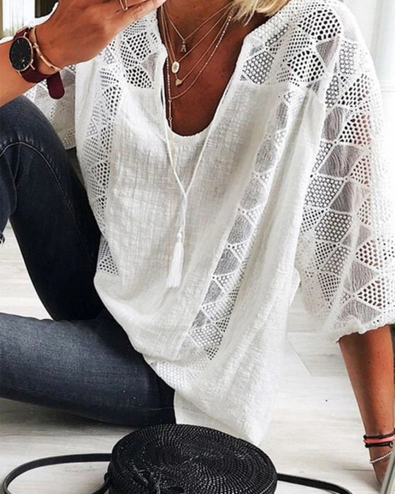 Women's Casual 3/4 Sleeve Top with Tassels | V-Neck
