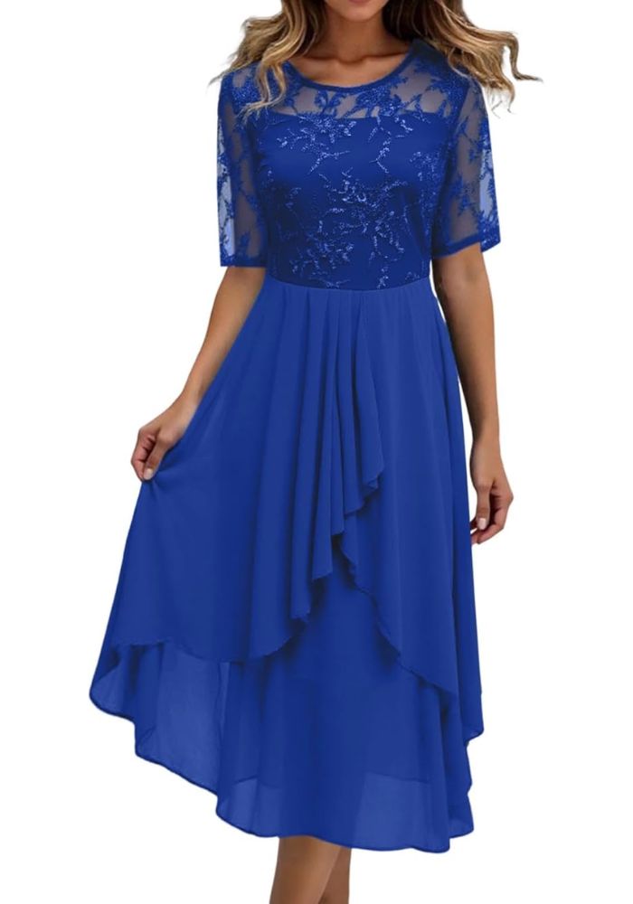 Women's Short Sleeve Layered Round Neck Wedding Guest Dress | Midi