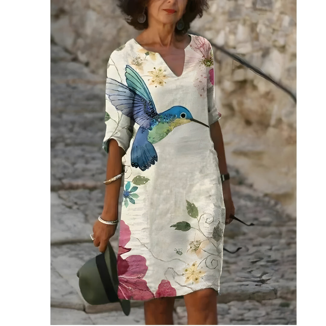 Women's Printed 3/4 Sleeve V-Neck Summer Dress | Mini