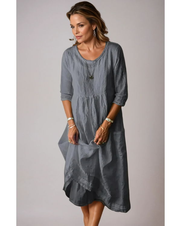 Women's Plain 3/4 Sleeve Round Neck Dress | Midi