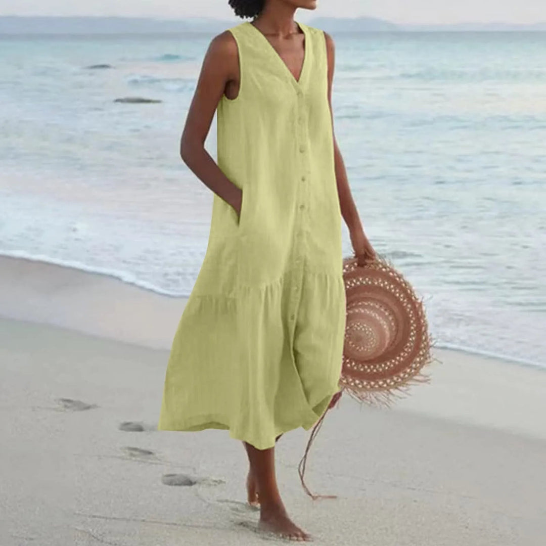 Women's Button-Down Sleeveless V-Neck Beach Dress | Midi
