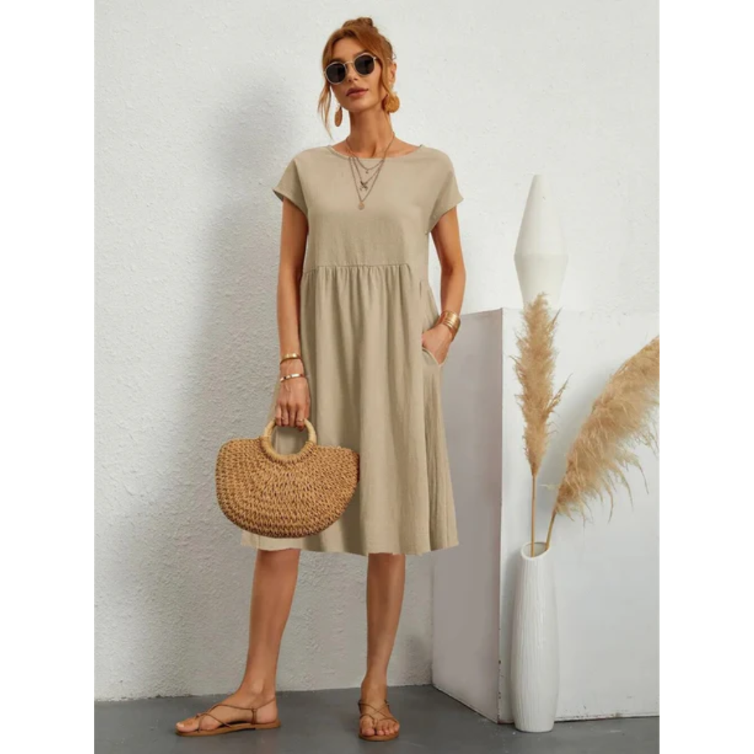 Women's Round Neck Short Sleeve Summer Midi Dress | with Pockets