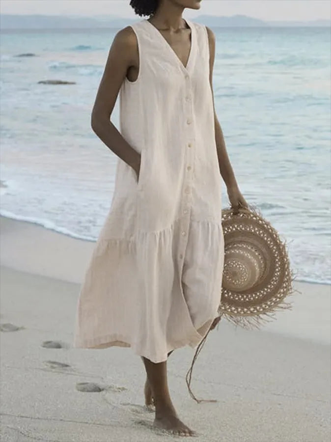 Women's Button-Down Sleeveless V-Neck Beach Dress | Midi