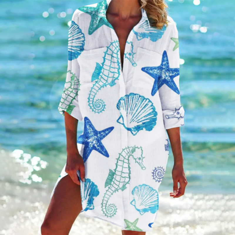 Women's Long Sleeve Collared Beach Shirt Dress | Mini