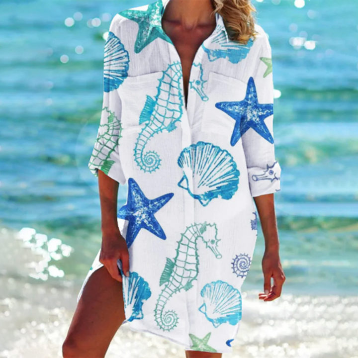 Women's Long Sleeve Collared Beach Shirt Dress | Mini