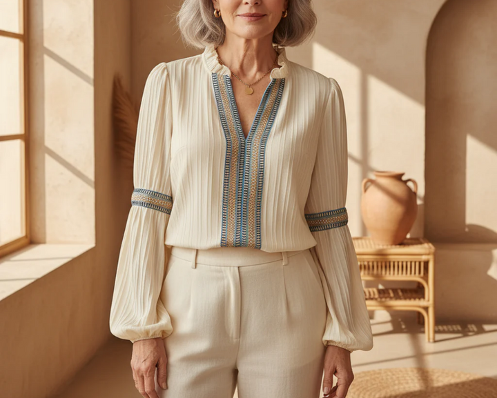 Women's Long Sleeved V-neck Blouse | Textured