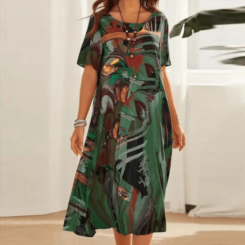 Women's Round Neck Printed Summer Dress | Midi