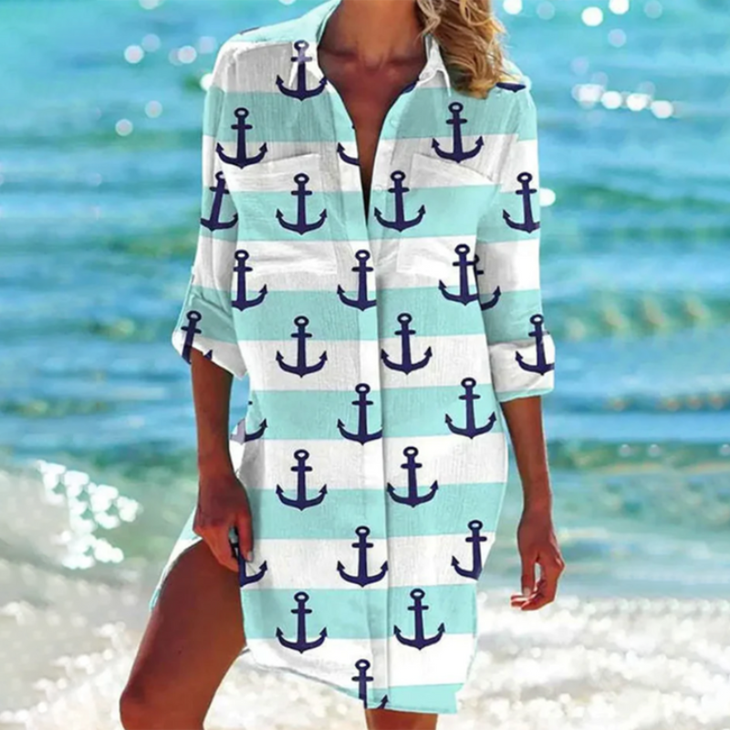 Women's Long Sleeve Collared Beach Shirt Dress | Mini