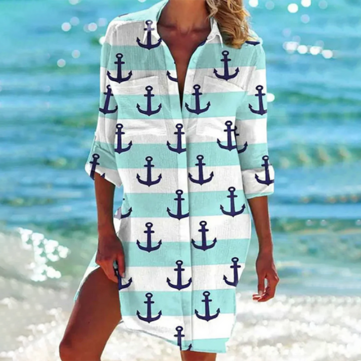 Women's Long Sleeve Collared Beach Shirt Dress | Mini