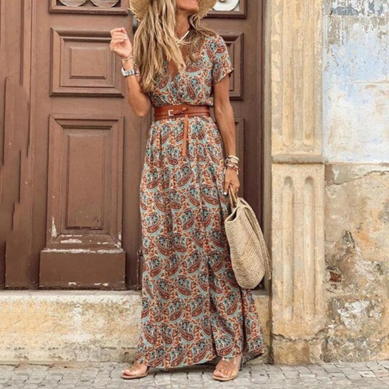 Women's V Neck Short Sleeve Summer Dress with Belt | Maxi