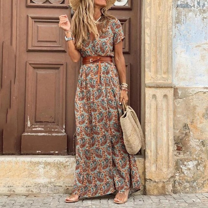 Women's V Neck Short Sleeve Summer Dress with Belt | Maxi
