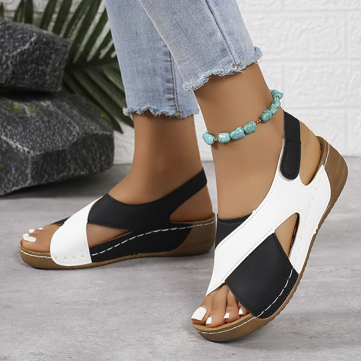 Women's Contrast Color Block Wedge Sandals | Cross Strap and Open Toe