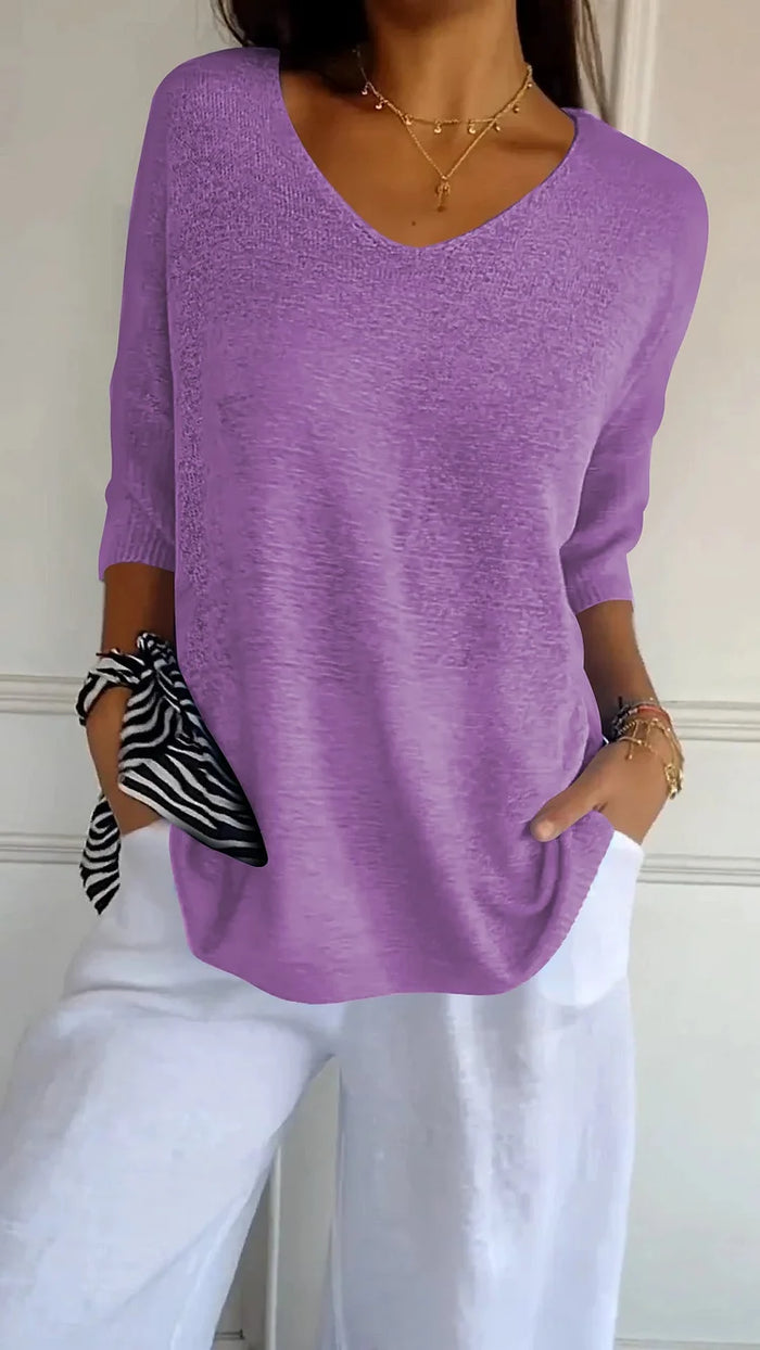 Women Solid Color Knitted 3/4 Sleeve V-Neck Tops | Casual